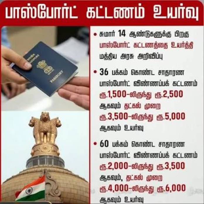 பாஸ்போர்ட் கட்டணம்  , புதிய கட்டண விவரங்கள்.